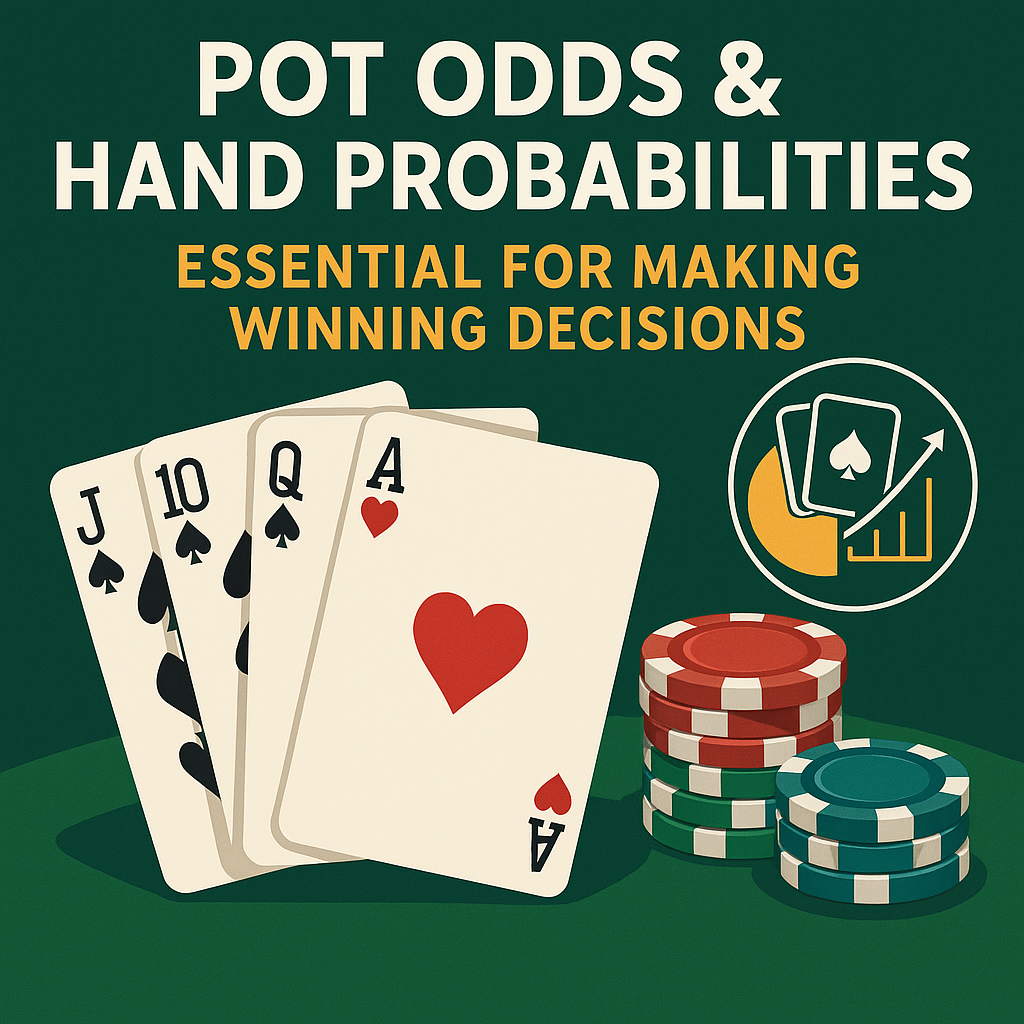 Illustration of poker strategy essentials showing Texas Hold'em cards, poker chips, and graphs representing pot odds and hand probabilities, with the text 'Pot Odds & Hand Probabilities: Essential for Making Winning Decisions' on a green felt background
