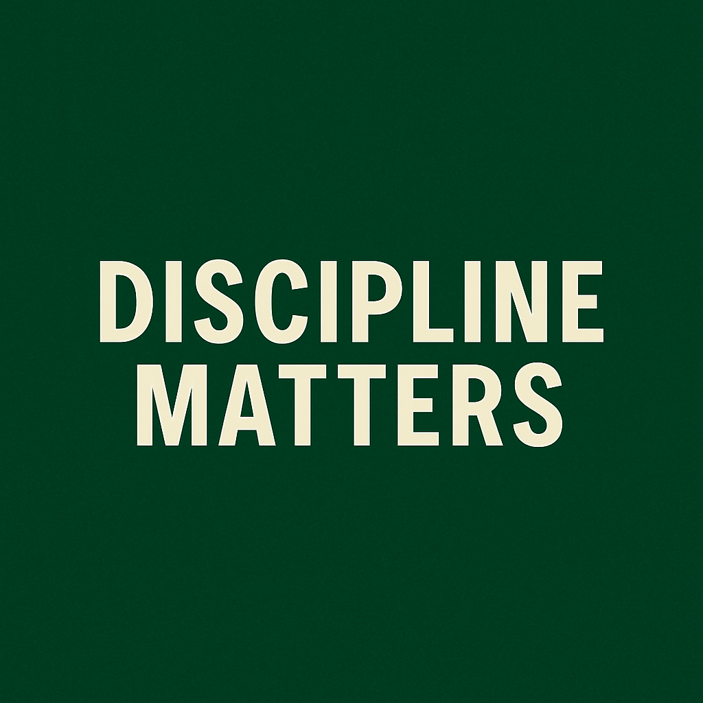 Graphic design image with a dark red background displaying the motivational poker phrase: 'Discipline Matters' in bold cream-colored text."