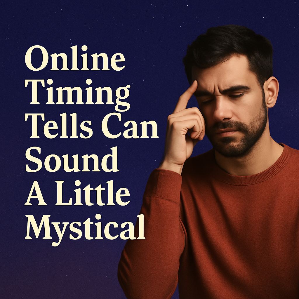 Digital graphic featuring the phrase “Online Timing Tells Can Sound a Little Mystical” with correct spelling, set against a colorful background with a thoughtful young man in deep concentration—visually representing the complexity of online poker psychology.