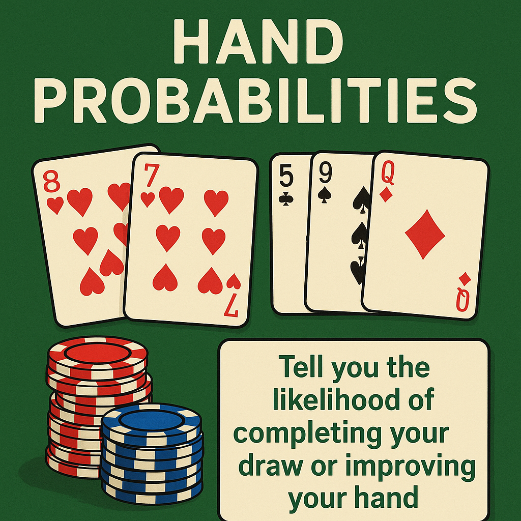 Illustration showing poker hand probabilities with Texas Hold'em hole cards 8 and 7 of hearts, community cards 5 of clubs, 9 of spades, and queen of diamonds, with poker chips and a sign explaining that hand probabilities tell you the likelihood of completing your draw or improving your hand.