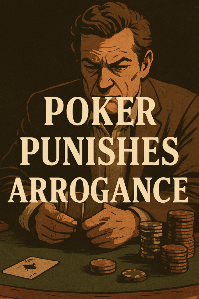 Dramatic poker scene with the quote “Poker punishes arrogance,” illustrating the consequences of overconfidence in high-stakes decision-making.