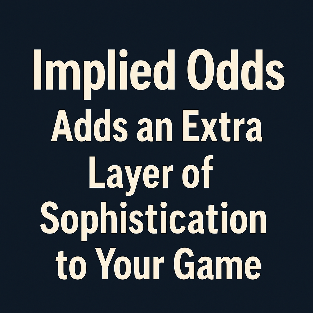 Graphic design image with a navy blue background featuring the poker strategy phrase: 'Implied Odds Adds an Extra Layer of Sophistication to Your Game' in bold cream-colored text."