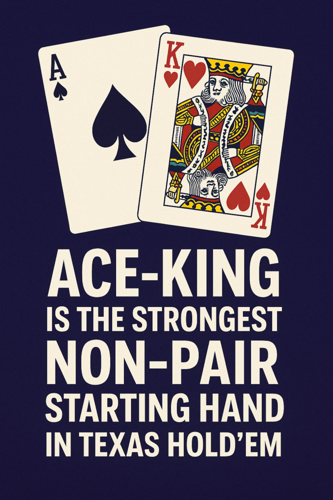 Ace-King displayed as the strongest non-pair starting hand in Texas Hold'em, with bold poker-themed graphics and dramatic lighting highlighting two overcards on a virtual poker table."