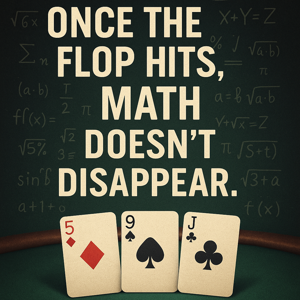 A digital illustration blending poker chips, cards, and mathematical equations, symbolizing that poker math remains critical after the flop in Texas Hold'em."