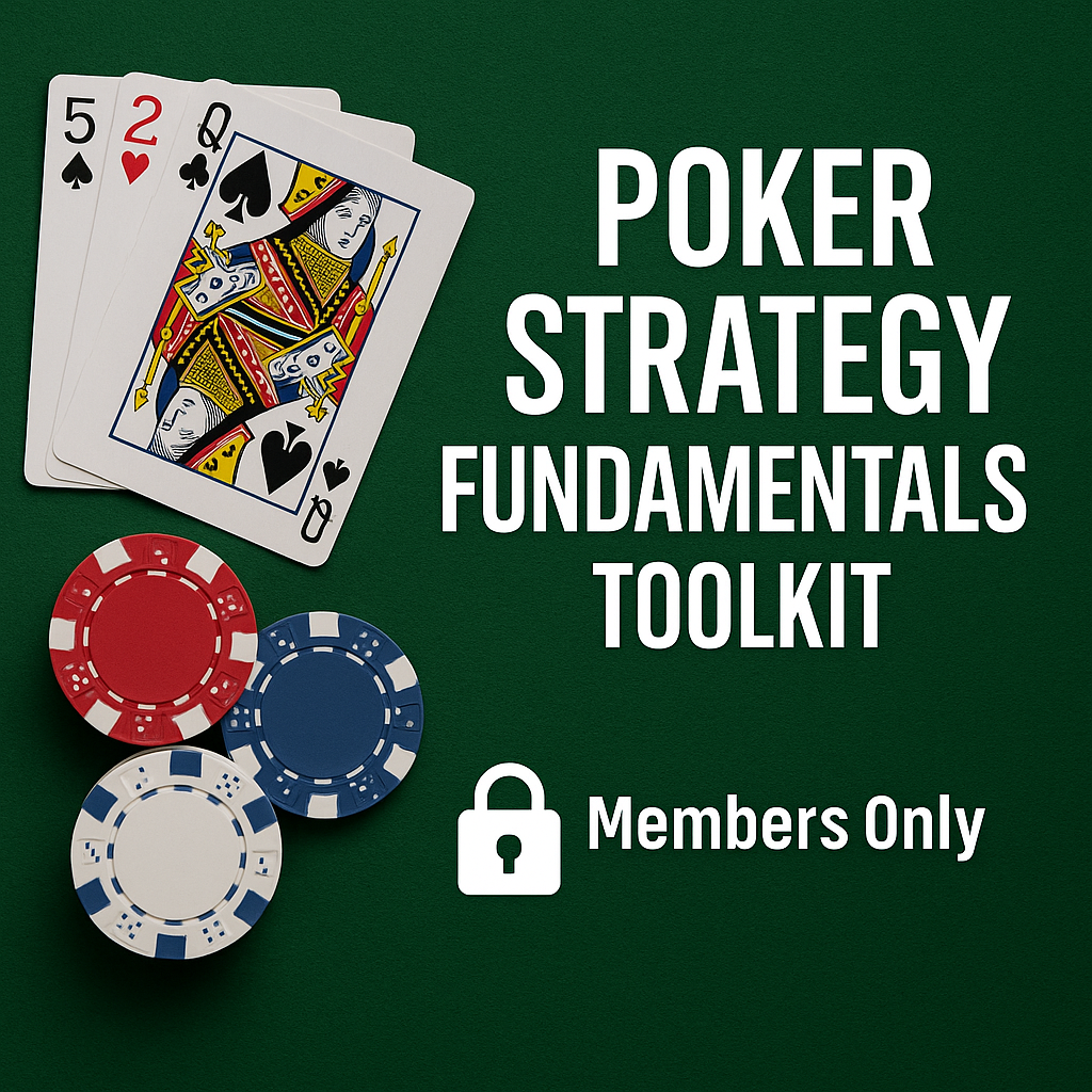 Poker Strategy Fundamentals Toolkit graphic with poker chips, playing cards, and a Members Only lock icon, representing exclusive educational poker content.