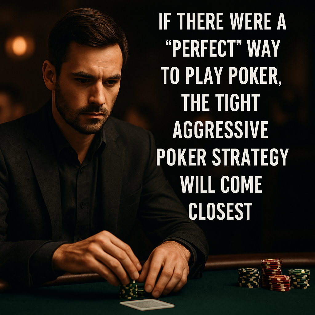 Focused male poker player in a dark suit sitting at a green felt poker table, stacking chips with a serious expression, overlaid with the quote: “If there were a ‘perfect’ way to play poker, the tight aggressive poker strategy will come closest.” The background is dimly lit with a warm, moody ambiance.