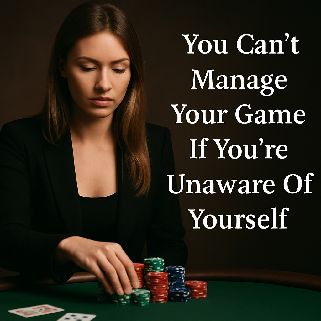 Focused young woman poker player with long light brown hair, wearing a black blazer, seated at a green felt poker table. She is stacking poker chips with a calm and serious expression. Playing cards are visible on the table. Overlaid text reads: “You Can’t Manage Your Game If You’re Unaware Of Yourself.” The background is dark and softly lit.