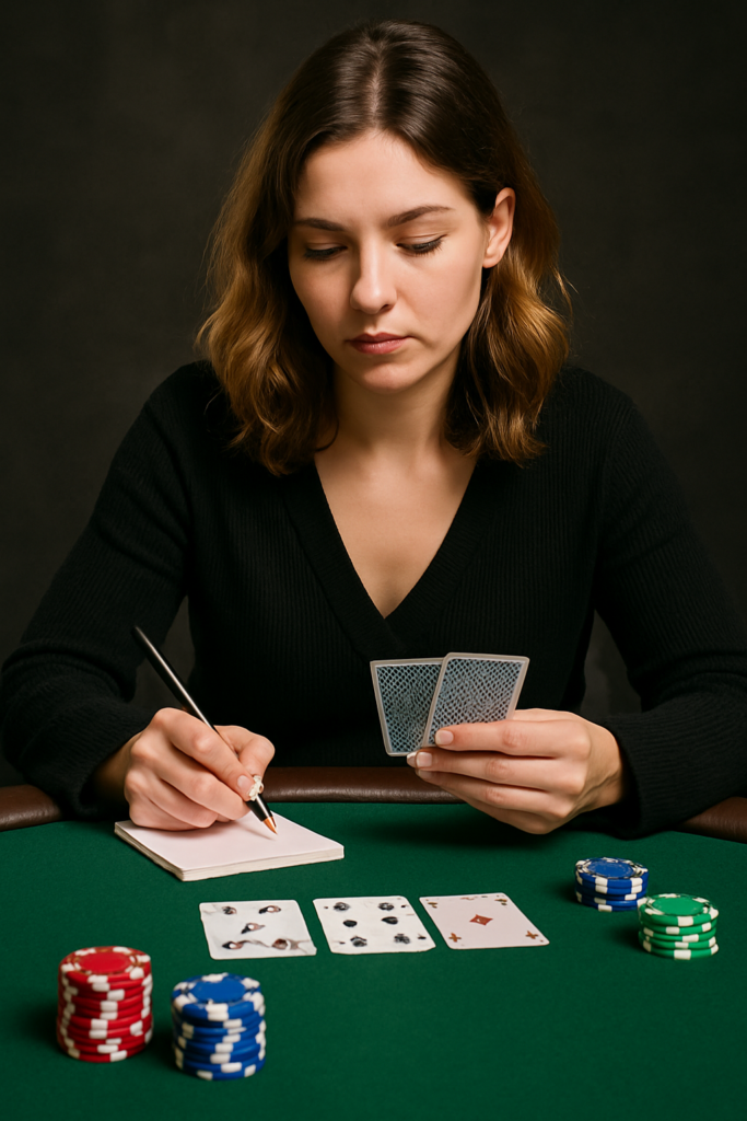 Young woman with shoulder-length brown hair sitting at a green poker table, holding two playing cards in one hand and writing on a notepad with the other. She is focused and composed, surrounded by poker chips and community cards on the table, suggesting a hand review session. The background is dark and neutral.