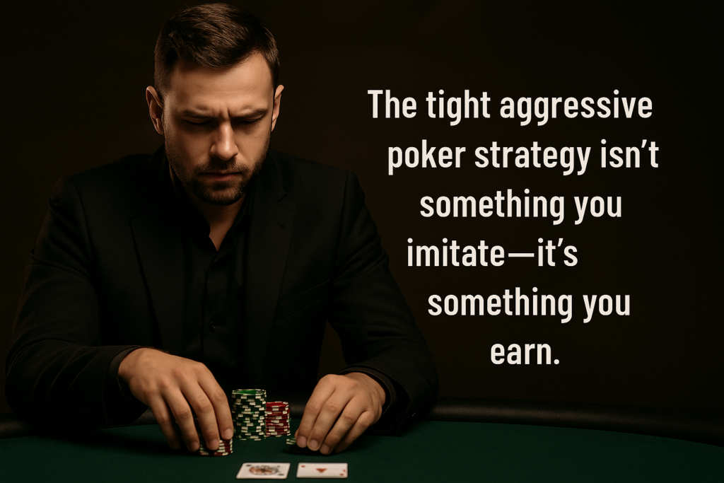 Focused male poker player in a black suit sitting at a green felt table, stacking red and green poker chips with playing cards on the table. He has a serious expression, concentrating on the game. Overlaid text reads: “The tight aggressive poker strategy isn’t something you imitate—it’s something you earn.” The background is dark with dramatic lighting.