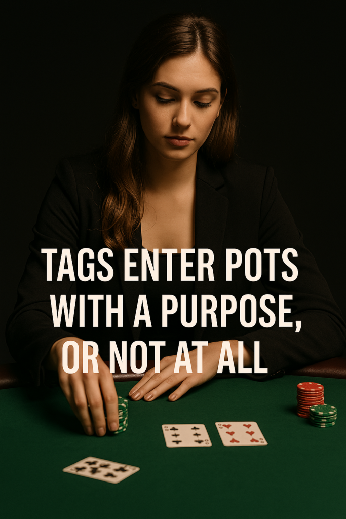 Young female poker player with long brown hair wearing a black blazer, seated at a green felt table with poker chips and playing cards in front of her. She is focused, reaching toward a stack of green chips. Overlaid text reads: “TAGS ENTER POTS WITH A PURPOSE, OR NOT AT ALL.” The background is dark, with warm lighting highlighting her concentrated expression.
