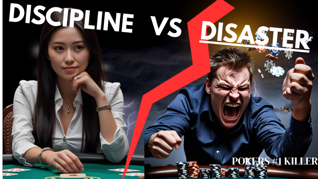 An image of two players, one in disciplined in poker, whilce the other is focusing on himself.