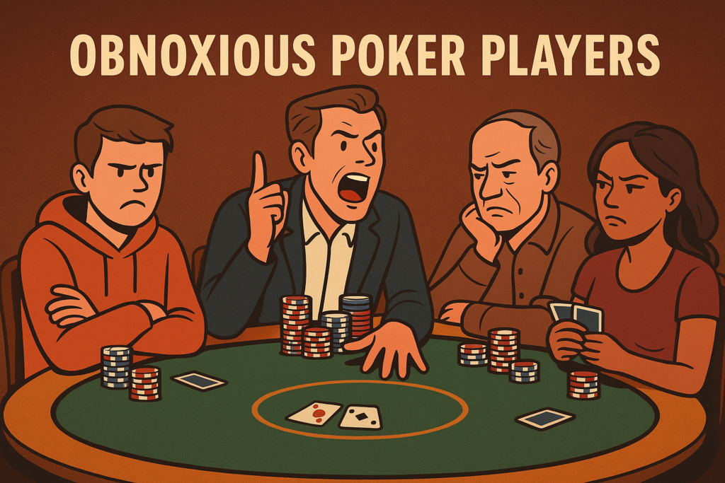 Cartoon-style illustration of a loud, obnoxious poker player disrupting a live game at a casino table, while other frustrated players sit quietly, emphasizing tension and emotional impact of table talk in poker."