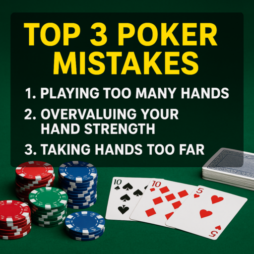 Poker mistakes infographic showing top 3 strategic errors: playing too many hands, overvaluing hand strength, and taking hands too far. Useful for poker strategy and beginner tips.