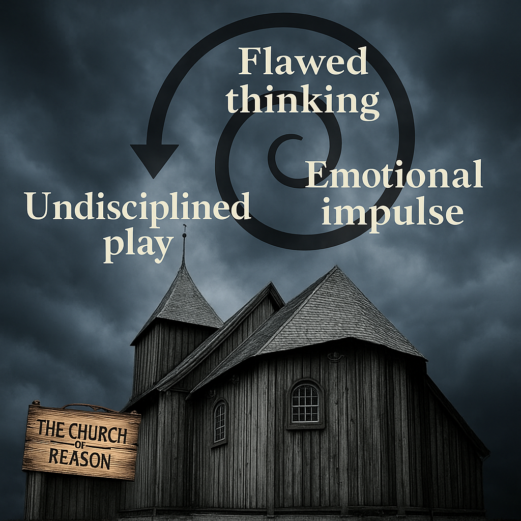 A dark, stormy image of the Church of Reason with a glowing red cognitive spiral above it, symbolizing the Compounding Cognitive Spiral—a feedback loop of flawed thinking, emotional impulse, and undisciplined poker play."