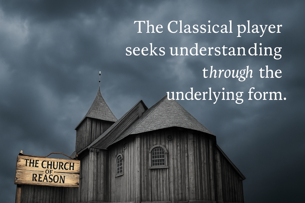 A philosophical quote from the Church of Reason reads, “The Classical player seeks understanding through the underlying form,” overlaid on an image of a vintage stone church door, symbolizing depth, tradition, and analytical thought in poker and life.