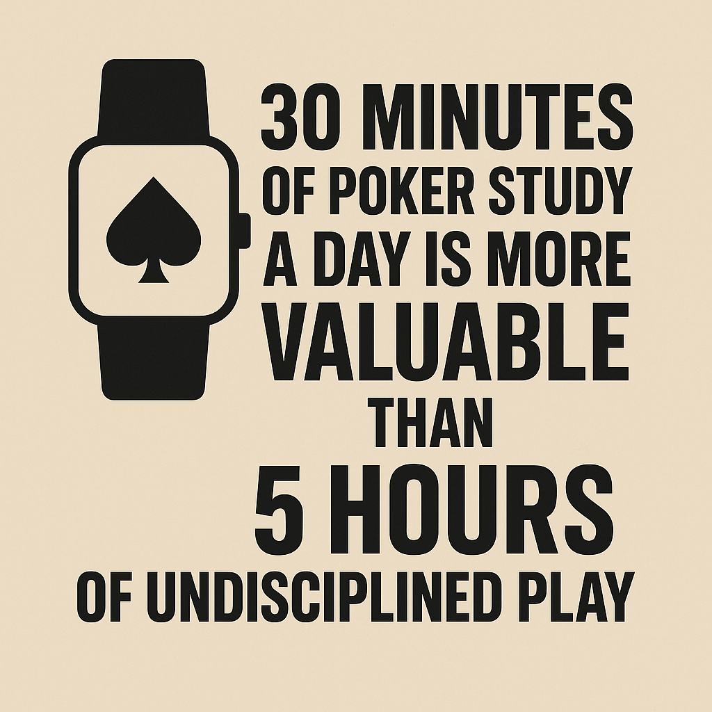 Digital graphic with a minimalist beige background featuring bold black text that reads, "30 minutes of poker study a day is more valuable than 5 hours of undisciplined play," accompanied by an icon of a smartwatch with a spade symbol. Designed to emphasize the importance of disciplined poker study over excessive, unstructured gameplay.