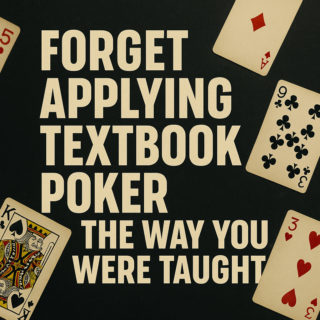 Bold graphic design with the phrase "Forget Applying Textbook Poker the Way You Were Taught" in cream-colored block letters, surrounded by scattered playing cards including an Ace of Diamonds, 9 of Clubs, King of Spades, 3 of Hearts, and 5 of Diamonds, on a dark textured background.