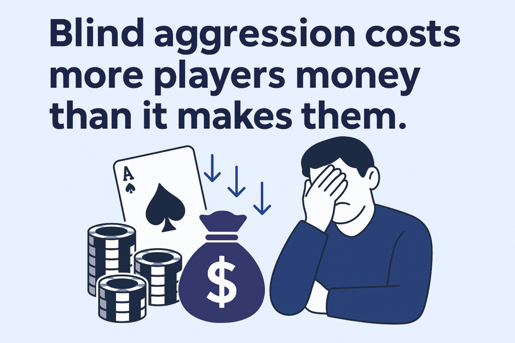 Digital graphic with bold dark-blue text reading "Blind Aggression Costs More Players Money Than It Makes Them," set against a poker-themed background featuring scattered poker chips and playing cards, symbolizing reckless, unprofitable play in poker.