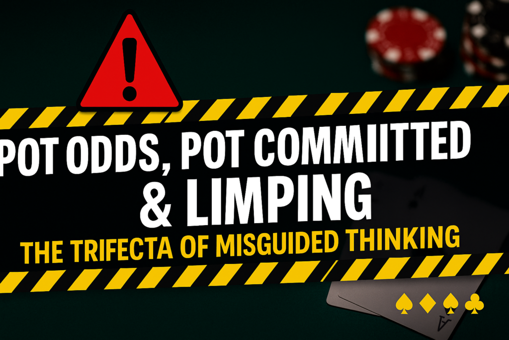 Poker strategy graphic with chips and cards under a red warning triangle, captioned “Pot Odds, Pot Committed & Limping — The Trifecta of Misguided Thinking.”