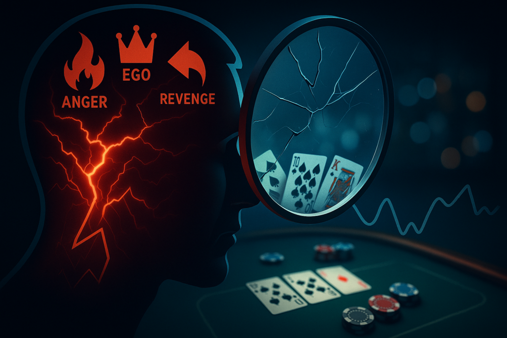 Poker emotions illustration: anger, ego and revenge lines distort judgment—split mind at the poker table, warped decision path vs calm, disciplined play.