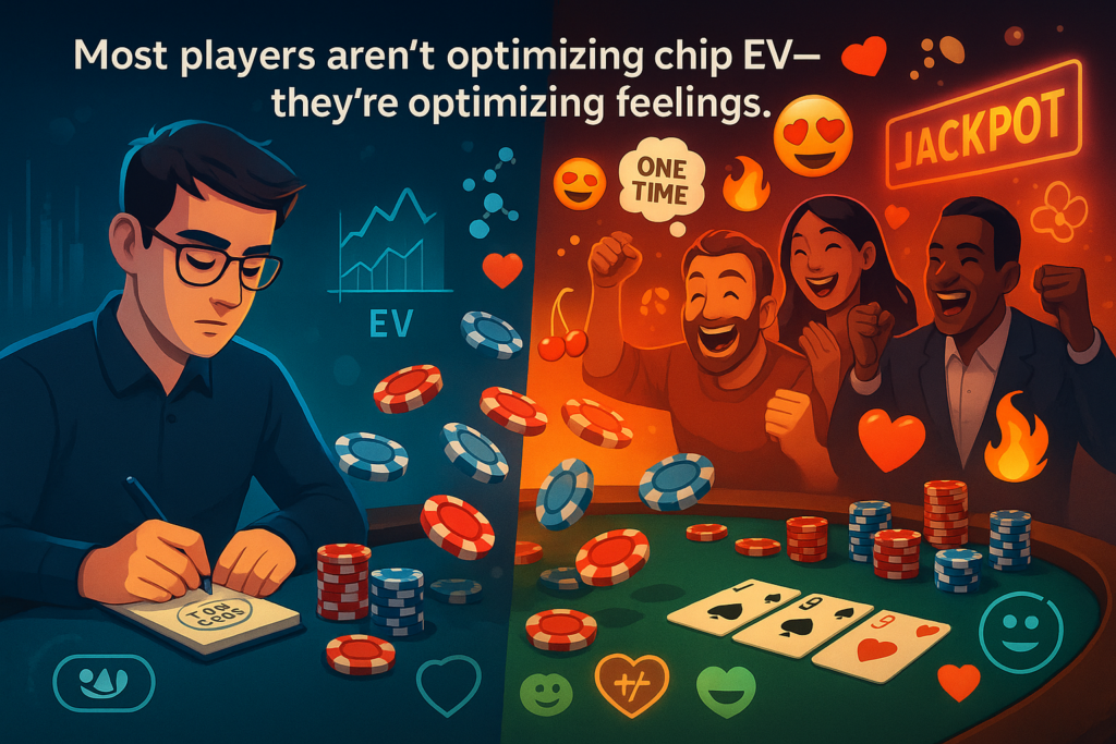 Poker players don’t fold — split poker table shows chip-EV math and charts on one side vs heart-driven choices on the other, highlighting poker psychology and emotional decision-making.
