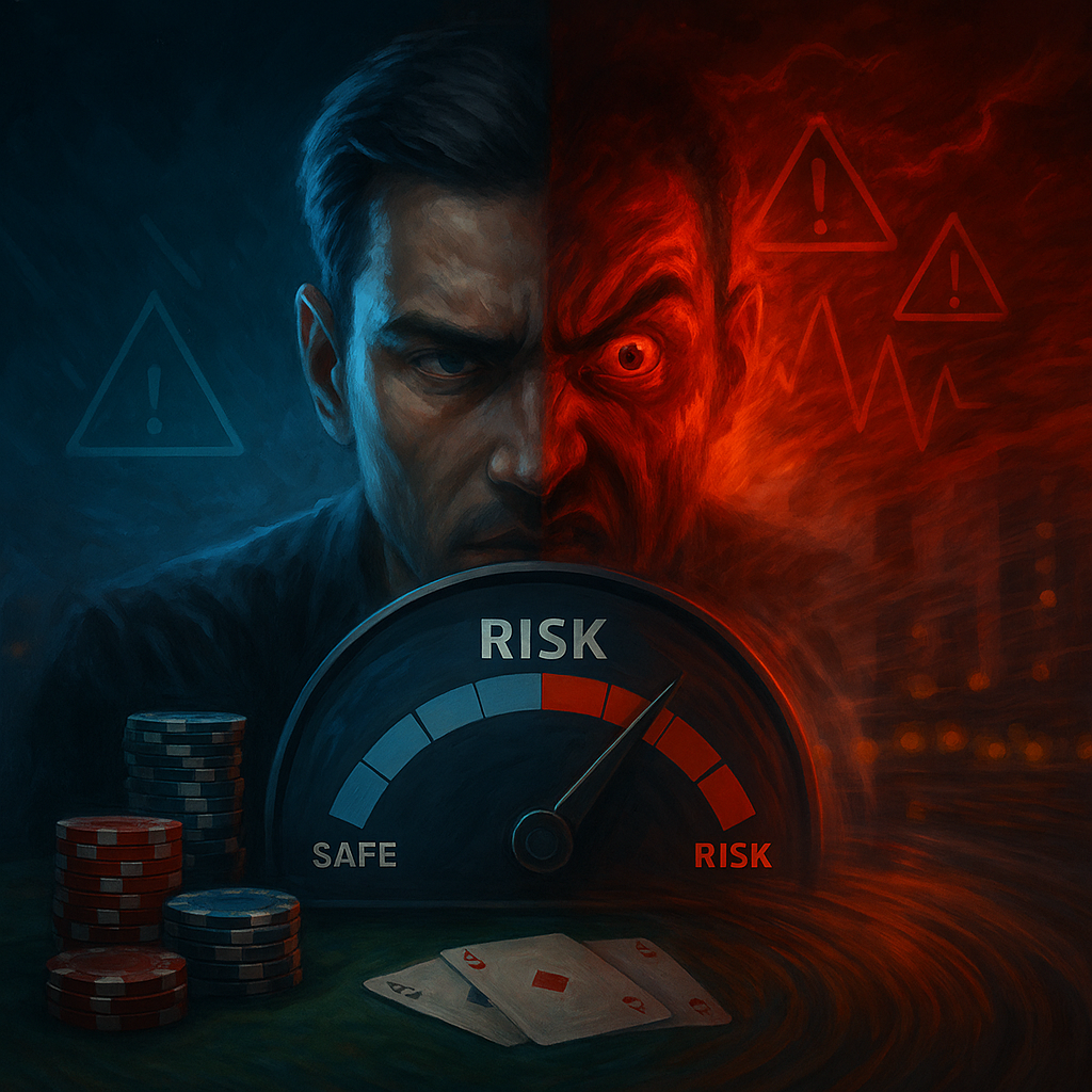Poker psychology illustration—anger tilts risk perception, showing a player’s red-tinted view of an oversized pot and minimized risk signals.