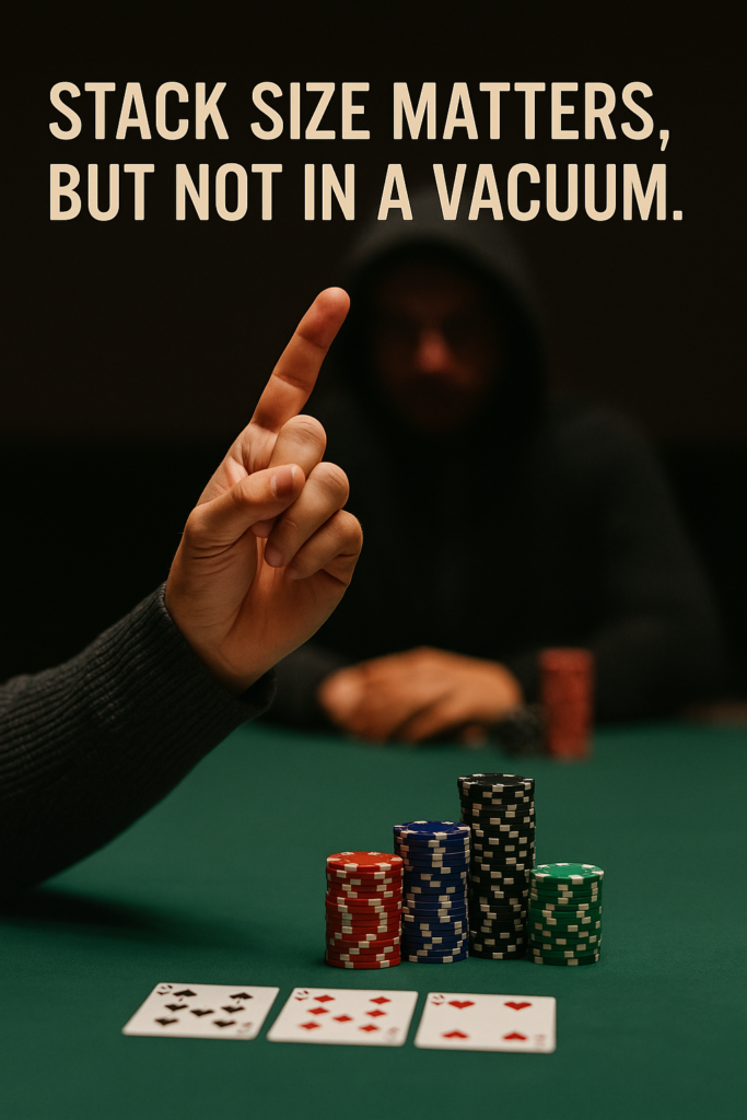Poker chips stacked unevenly on a table next to cards, symbolizing how stack size matters in poker but not in isolation without context or opponent awareness.