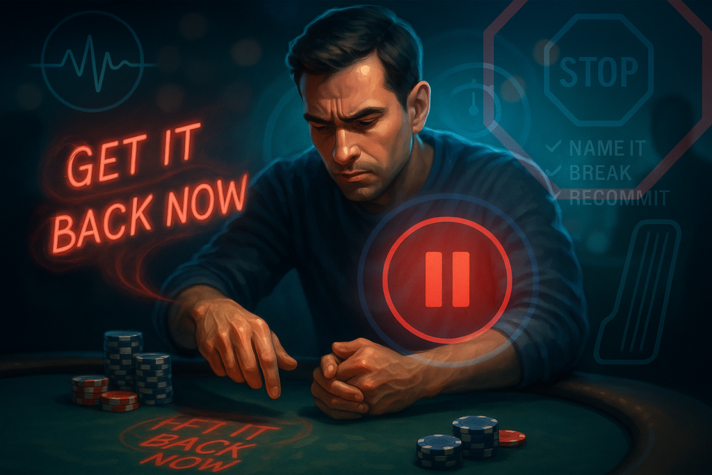 Controlling poker emotions—player at the table stopping the “get it back now” loss-chasing reflex, choosing discipline over tilt; chips and cards visible.