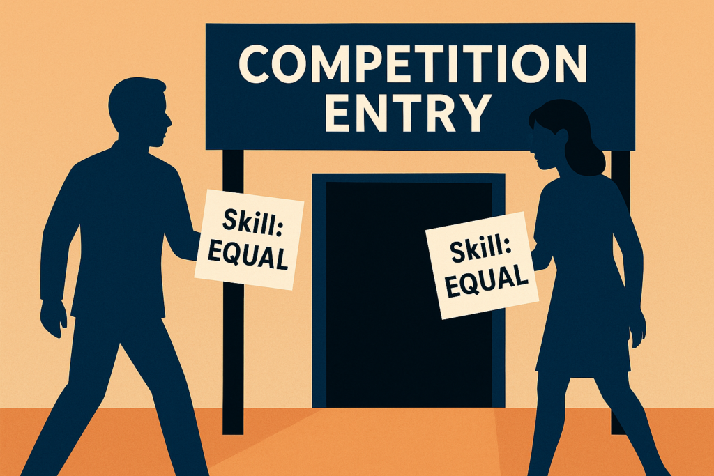 Flat illustration of two silhouettes at a starting line—male figure stepping forward while female figure pauses—visualizing research that men are more willing to enter competitions than equally capable women; concept for poker psychology and status behavior.