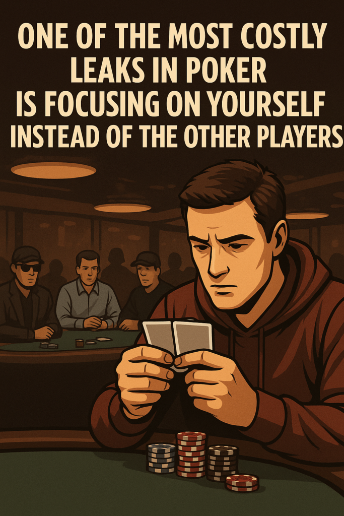 Poker player staring at their own cards while missing opponents' actions at the table, illustrating the costly leak of focusing on yourself instead of other players in poker strategy.