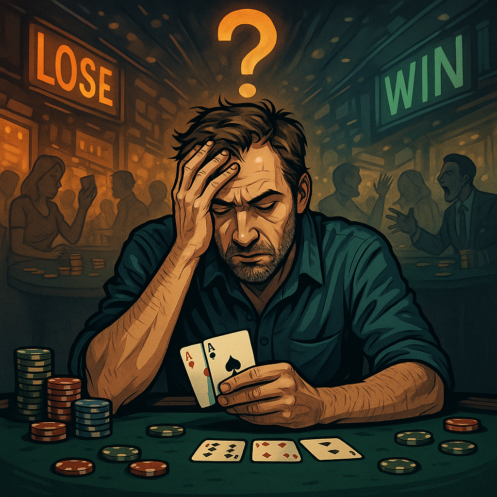 Digital illustration of a focused poker player sitting at a casino table, surrounded by blurred distractions like floating smartphones, notification icons, and swirling thoughts, symbolizing concentration in a high-stakes decision-making environment.