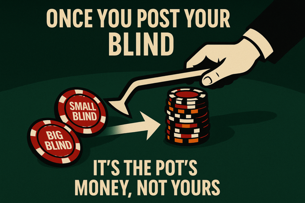 Texas Hold’em poker table with small/big blind chips sliding into the central pot under bold caption: “Once you post your blind, it’s the pot’s money, not yours.” Poker strategy visual.