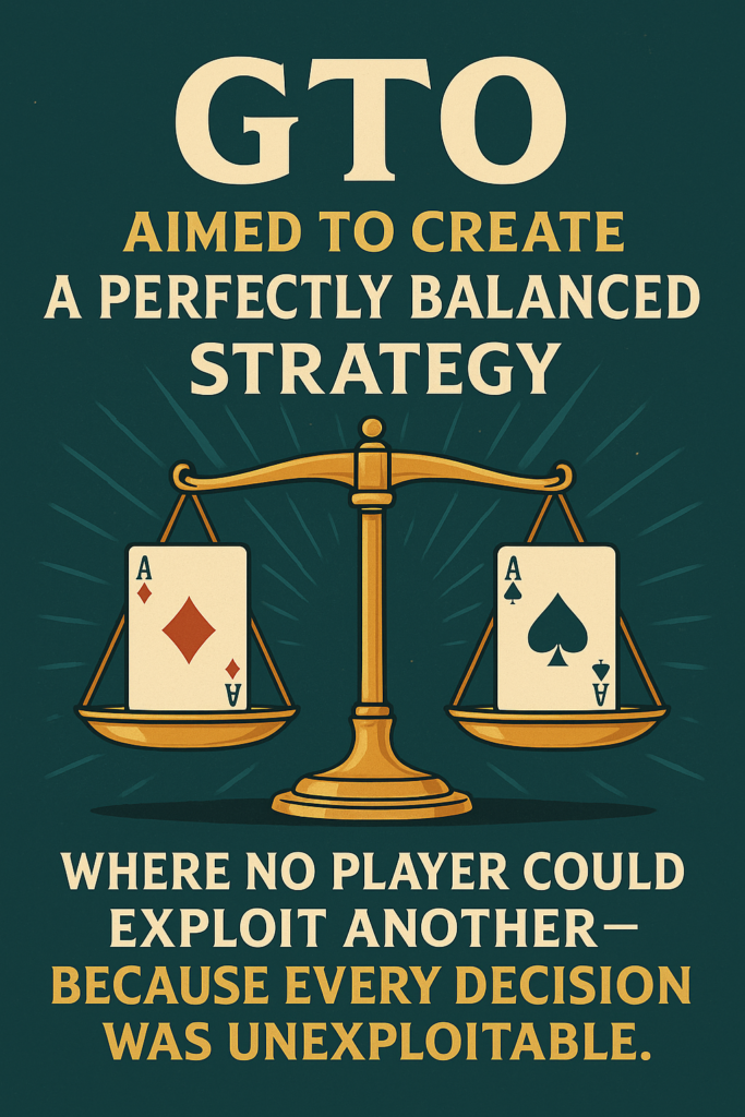 Digital illustration of a poker strategy concept showing a balanced scale over a poker table, symbolizing Game Theory Optimal (GTO) strategy. The image represents unexploitable decisions and perfect balance in poker strategy. Stylized with clean vector lines and flat design, ideal for poker education, GTO theory, and strategic gameplay concepts.