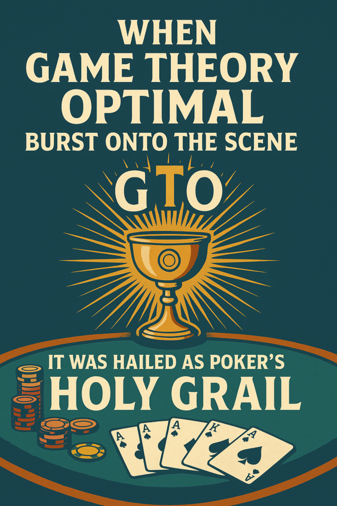 “Vintage-style digital illustration showing a glowing golden poker chip placed atop a sacred pedestal, surrounded by awe-struck players in a darkened poker room—symbolizing Game Theory Optimal (GTO) strategy as poker’s holy grail.”