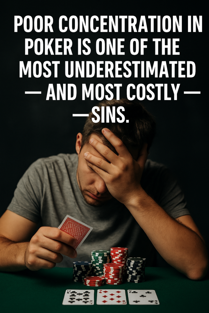 A digital photograph of a poker player deep in thought at a dimly lit table, with overlaid text that reads: ‘Poor concentration in poker is one of the most underestimated — and most costly — sins.’ The scene highlights the mental intensity and focus required in high-stakes poker, visually reinforcing the concept of concentration as a critical skill.”
