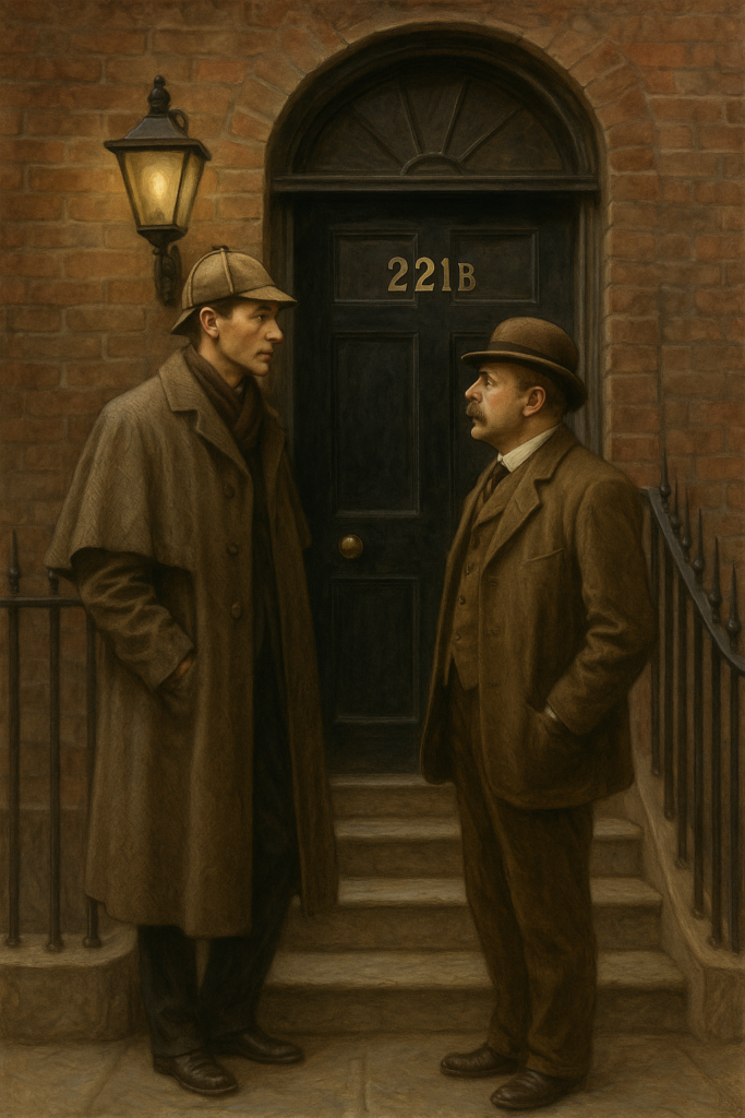 A realistic traditional painting of Sherlock Holmes and Dr. Watson standing outside 221B Baker Street, intently observing the staircase. The image reflects the contrast between seeing and true observation, highlighting the importance of focused attention—an analogy often used to explain poor concentration in poker.”