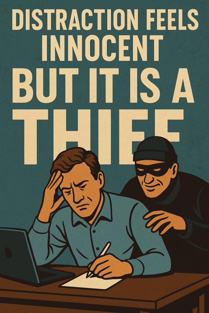 A digital illustration poster featuring a poker player seated at a table with ghostly hands of distraction reaching for their chips, symbolizing how distraction, though seemingly harmless, steals focus and profit; bold overlay text reads “Distraction Feels Innocent — But It Is a Thief,” conveying the hidden dangers of poor concentration in poker.