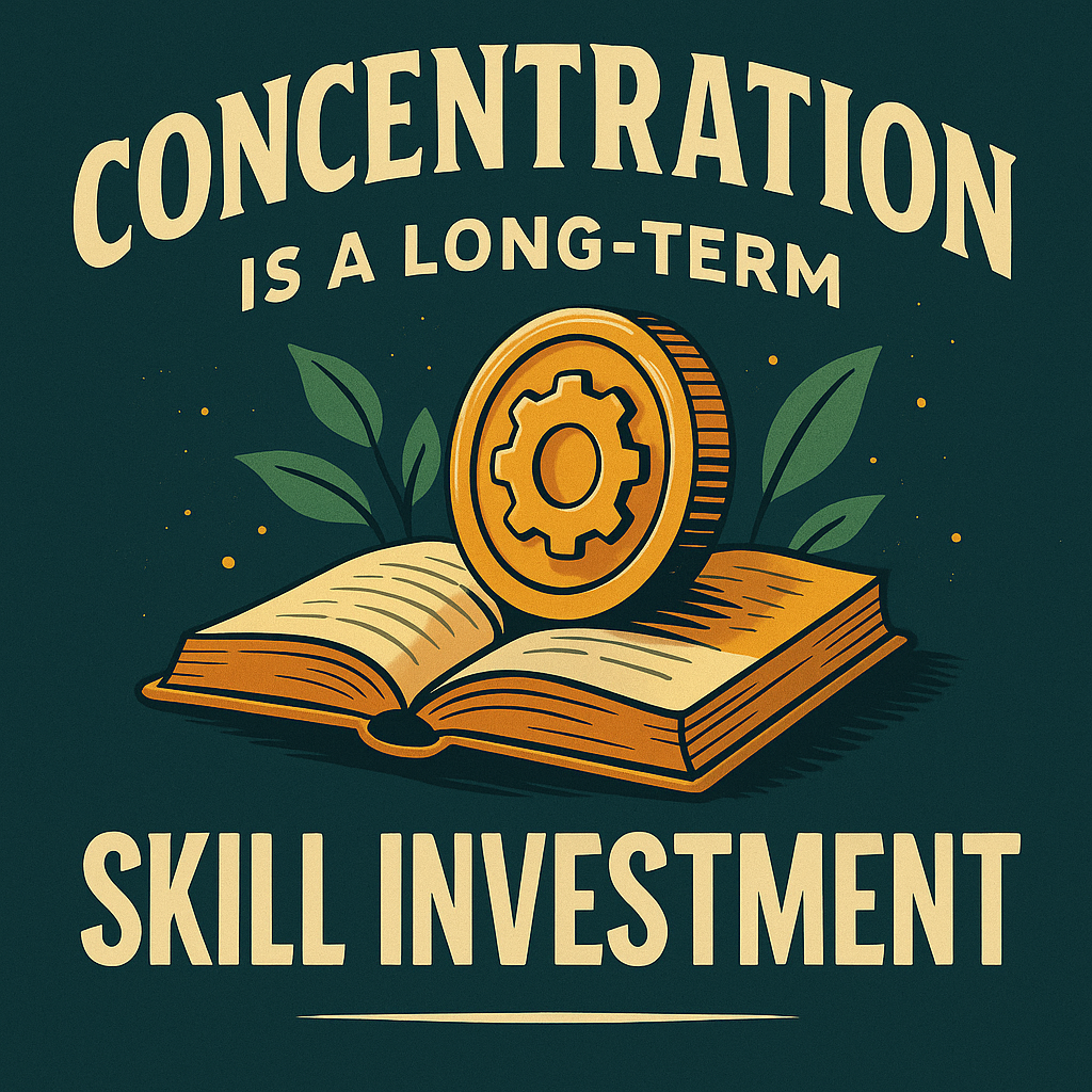 A digital illustration of a focused poker player sitting at a table under a spotlight, surrounded by scattered distractions like phones and clocks, with the bold text “Concentration is a Long-Term Skill Investment” emphasizing the message. The image highlights the value of sustained mental focus in poker and strategic gameplay.