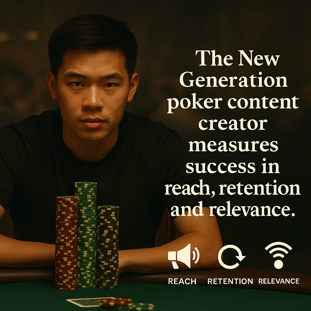 A modern poker content creator live-streams online surrounded by cameras, monitors, and poker chips, tracking analytics for reach, retention, and relevance. The text overlay reads: “The New Generation poker content creator measures success in reach, retention, and relevance,” symbolizing the fusion of poker strategy and digital media performance.