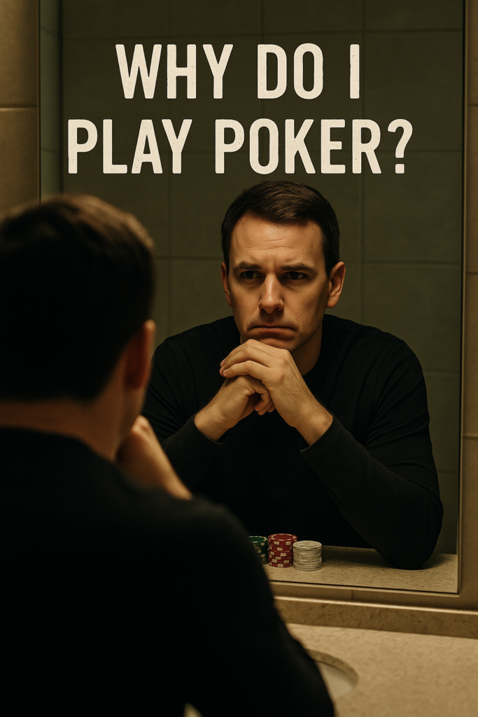 A poker player stands before a mirror in a dimly lit room, gazing at his reflection with poker chips and playing cards behind him. The mirror softly displays the words “Why Do I Play Poker?”, symbolizing self-reflection and motivation in the game of poker.