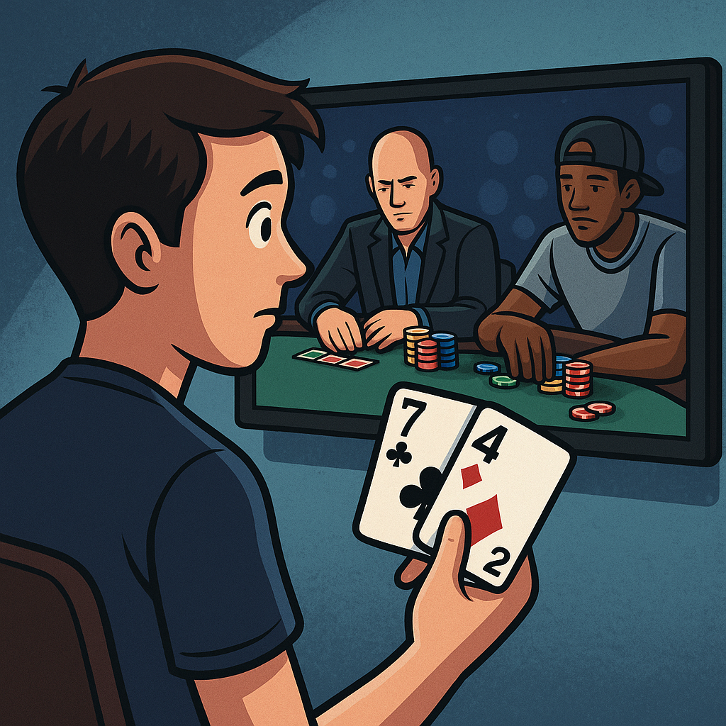 Digital illustration of a young poker player watching televised poker, copying pros who win pots with weak hands like 7-4 offsuit and J-2 suited, symbolizing copycat behavior in theater poker."