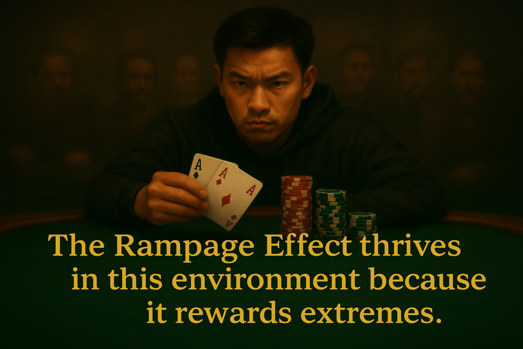 A cinematic digital illustration of a young, confident poker player resembling Rampage surrounded by flashing casino lights, flying chips, and dramatic onlookers. The chaotic atmosphere symbolizes the allure of extremes in modern poker culture. The text overlay reads: “The Rampage Effect thrives in this environment because it rewards extremes.”