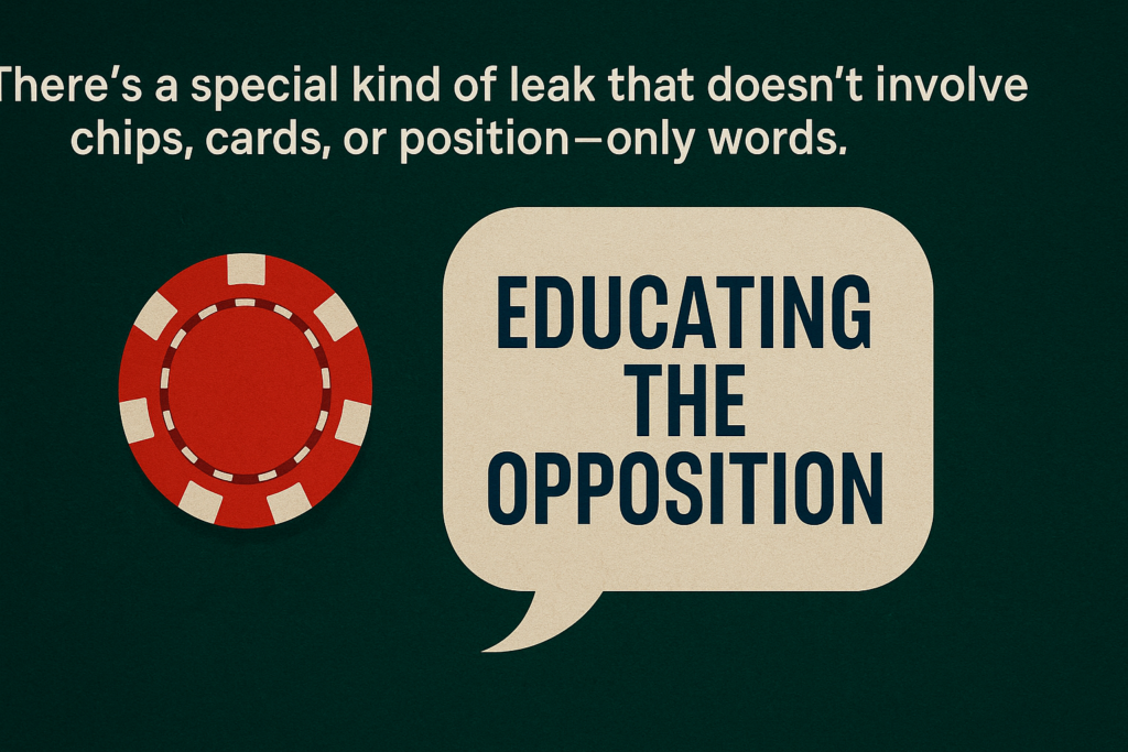 A poker player talks animatedly at a dimly lit casino table while other players listen closely, symbolizing the concept of “educating the opposition” — losing strategic advantage through unnecessary table talk. The image represents poker psychology, information leaks, and emotional control in live cash games.