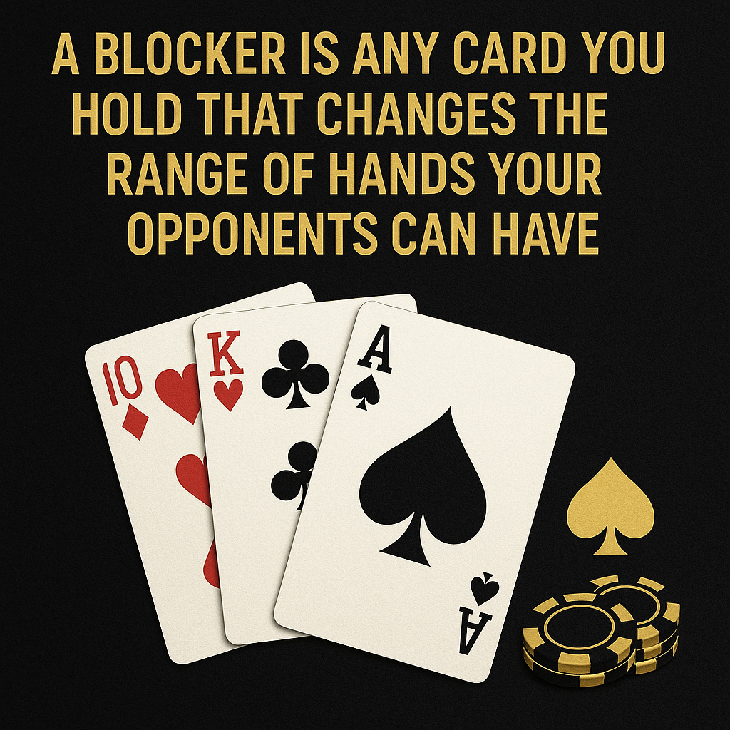 “Black and gold PokerRailbird graphic illustrating the concept of poker blockers, showing a hand of cards and range matrix to represent how holding certain cards changes opponents’ possible hand ranges.”