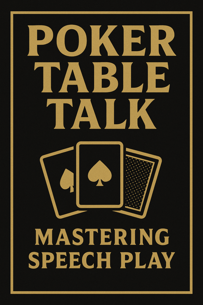 Black and gold Poker Table Talk graphic featuring bold lettering, three stylized playing cards, and the subtitle “Mastering Speech Play” in a classic PokerRailbird design.