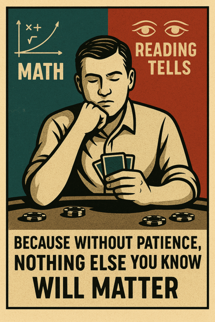 A dramatic poker-themed image showing one calm, focused player surrounded by blurred, chaotic opponents tossing chips and reacting emotionally. Subtle overlays of poker math equations, tell indicators, and strategy notes fade into the background. The PokerRailbird (PRB) logo appears subtly on the poker table, reinforcing the quote: “Because without patience, nothing else you know will matter — not math, not reading tells, not discipline.”