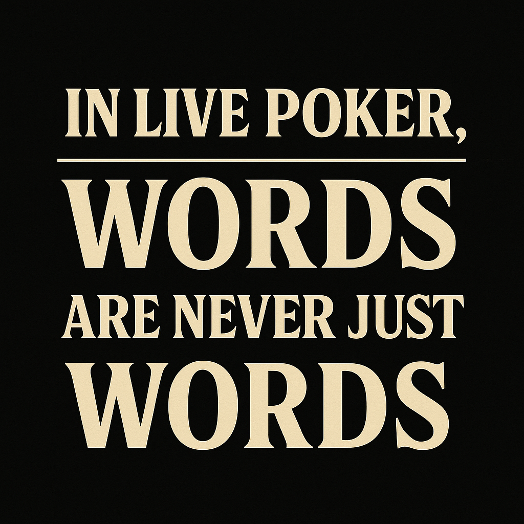 Black and gold graphic with bold typography displaying the quote “In live poker, words are never just words,” emphasizing the psychological impact of poker table talk.