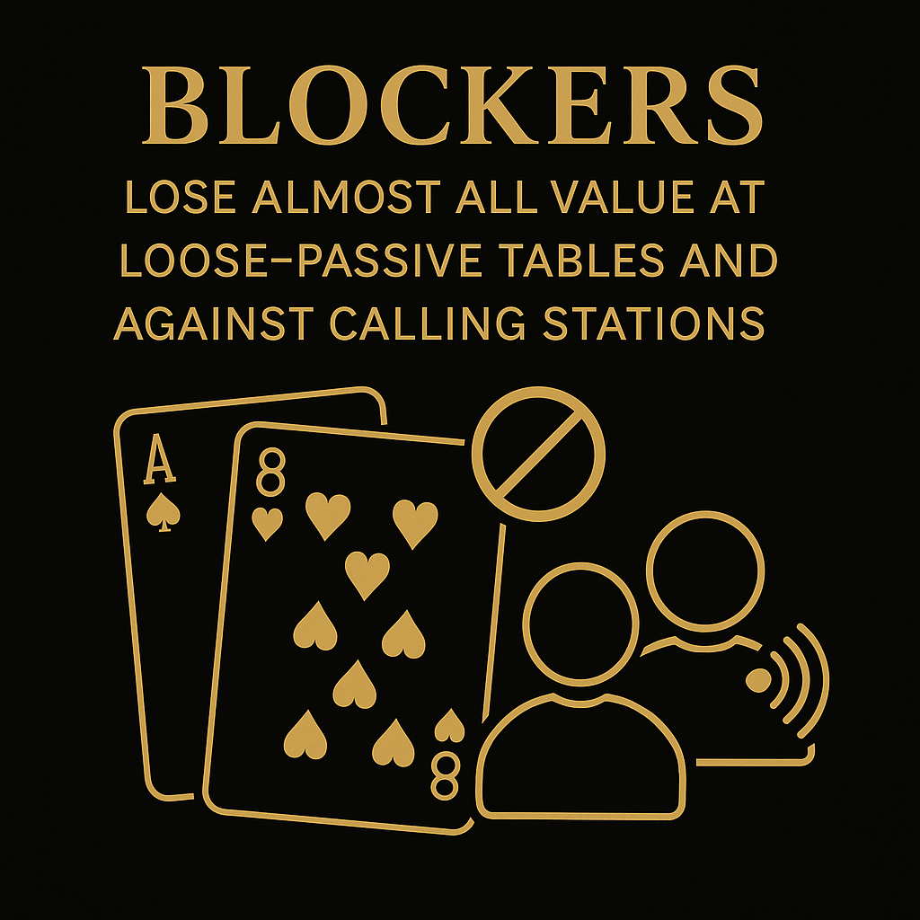 “Black and gold PokerRailbird graphic showing that poker blockers lose almost all value at loose passive tables and against calling stations, with calling players illustrated ignoring blocker-based strategy.”