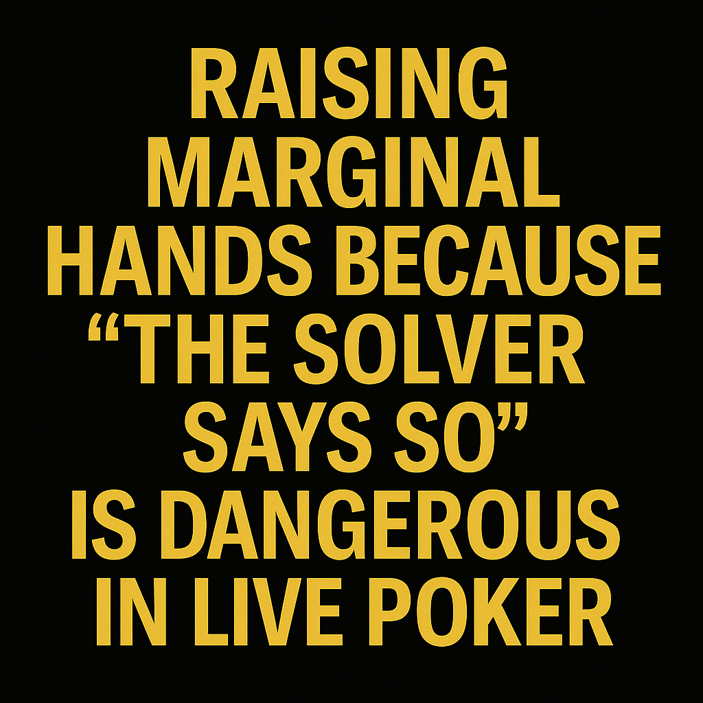 High-contrast black background with gold lettering illustrating the GTO myth that solver-approved raises with marginal hands work in live games.