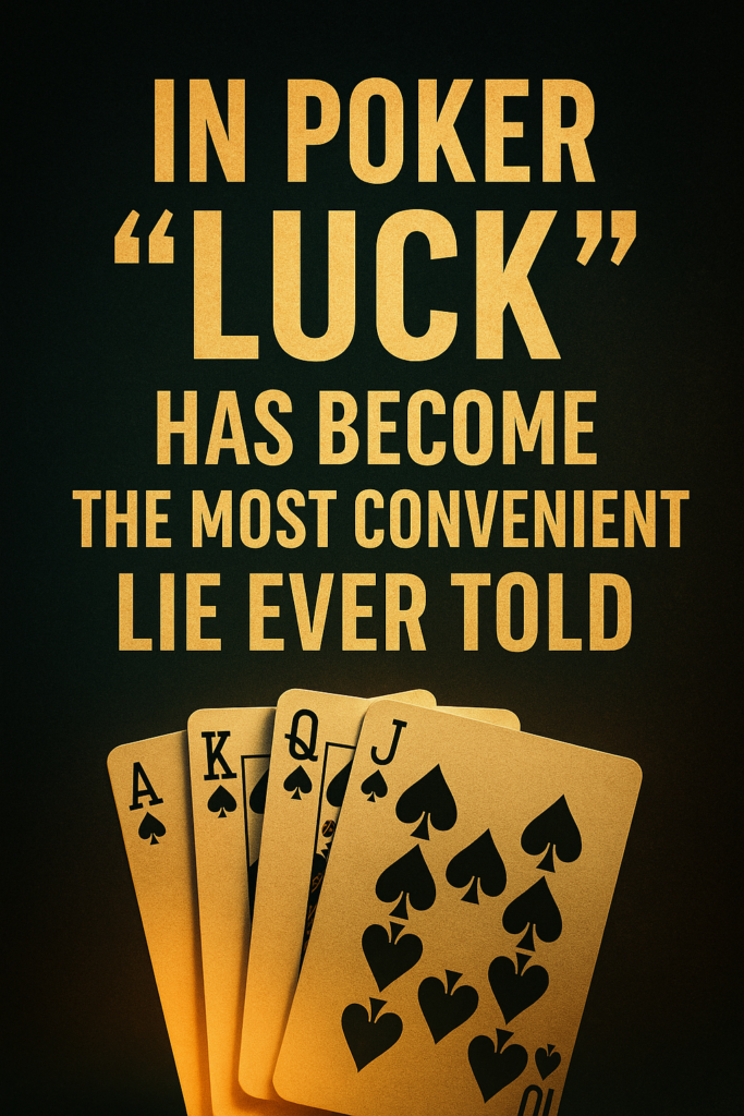A dramatic digital illustration of a poker table under low lighting, showing a losing hand and scattered chips. In the background, blurred players sit in quiet tension, symbolizing denial and self-deception. The gold text overlay reads: “In poker, ‘luck’ has become the most convenient lie ever told.” This image represents the illusion of luck and the psychological traps of blaming variance instead of poor decision-making and the psychology of luck.
